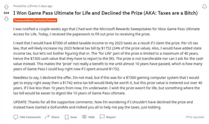 他抽22萬元微軟終身Xbox Game Pass大獎，獎卻需納稅超5萬：該領取還是放棄？