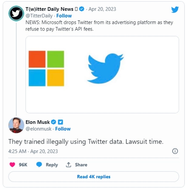 馬斯克威脅要對微軟提告，因為他們非法利用Twitter資料進行 AI 訓練