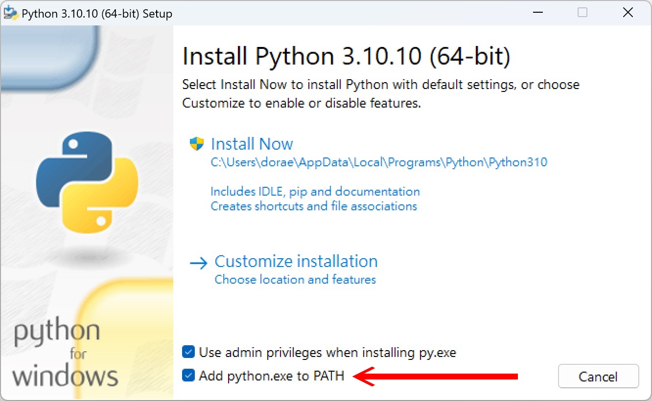 安裝過程需勾選「Add Python.exe to PATH」，其餘定可以保留預值。