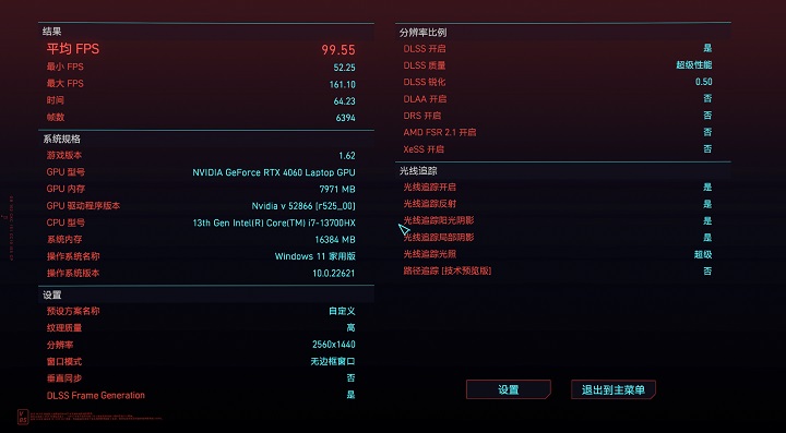 在《電叛客 2077》測試，定在 2560×1440 解析度的全螢幕模式，關閉垂直同並將遊戲畫質自訂在「光線追蹤：瘋狂」，開啟 DLSS 功能及「極致性能」，測得平均 99.55FPS 的效能表現。