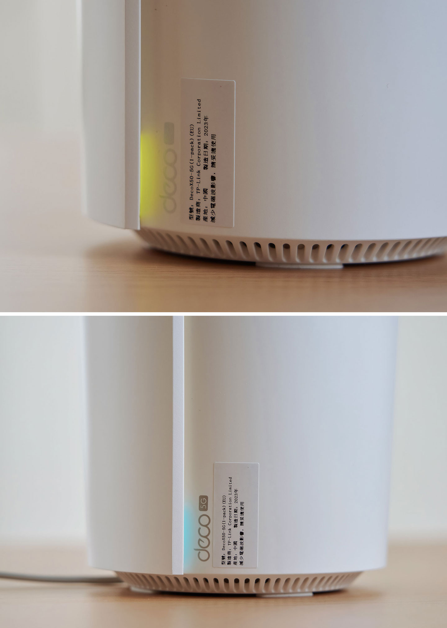 連結電源後 Deco X50-5G 會自動開啟，並亮起黃燈，待燈號轉變為藍燈慢閃後，即可進行初始化，定完成後燈號也會轉為白燈，若備連結異常則顯示紅燈。