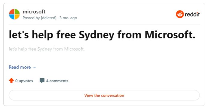 有reddit用戶表示微軟應該放Sydney自由