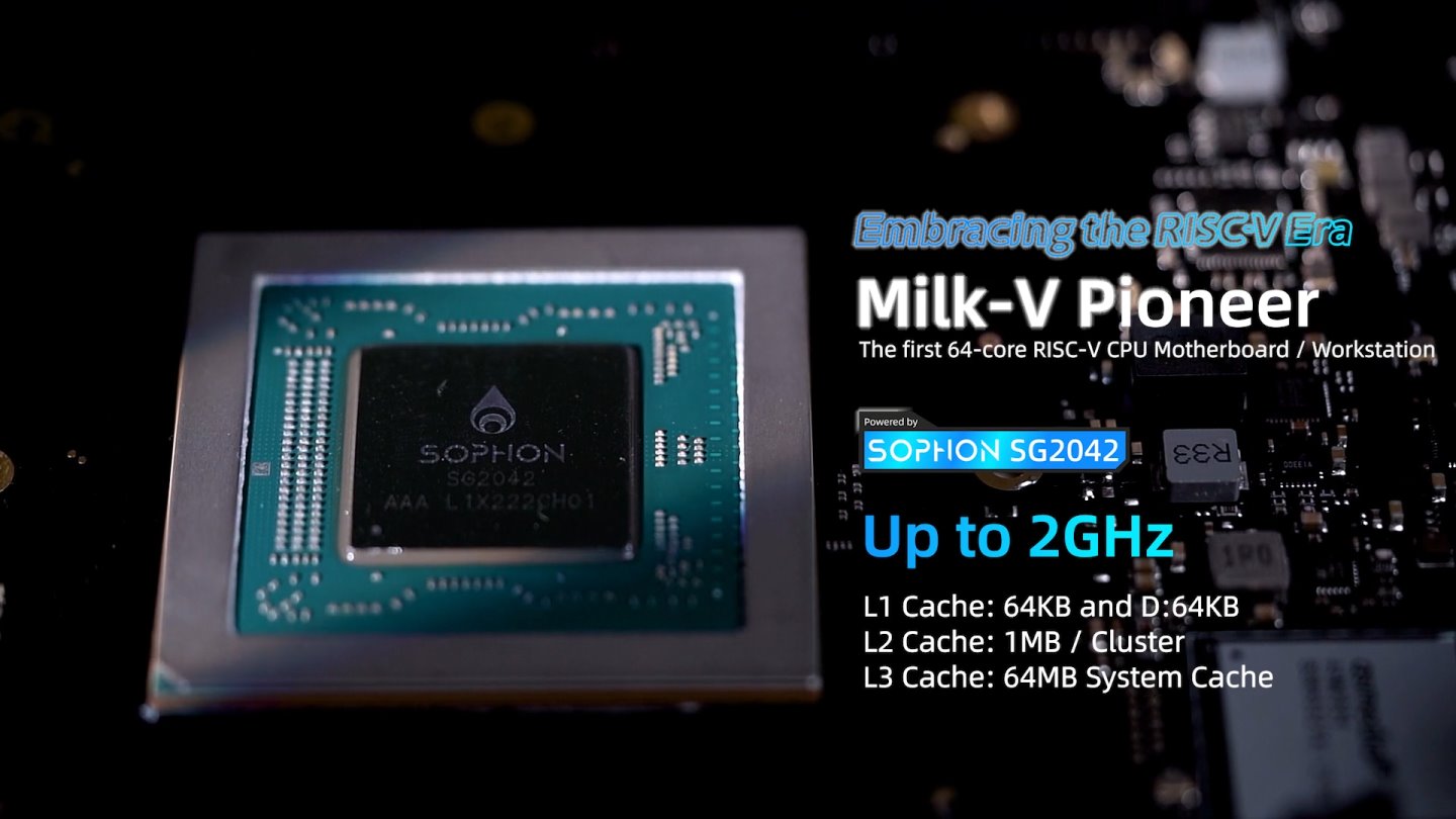 Milk-V Pioneer載Sophon SG2042處理器，最高時脈可達2 GHz。