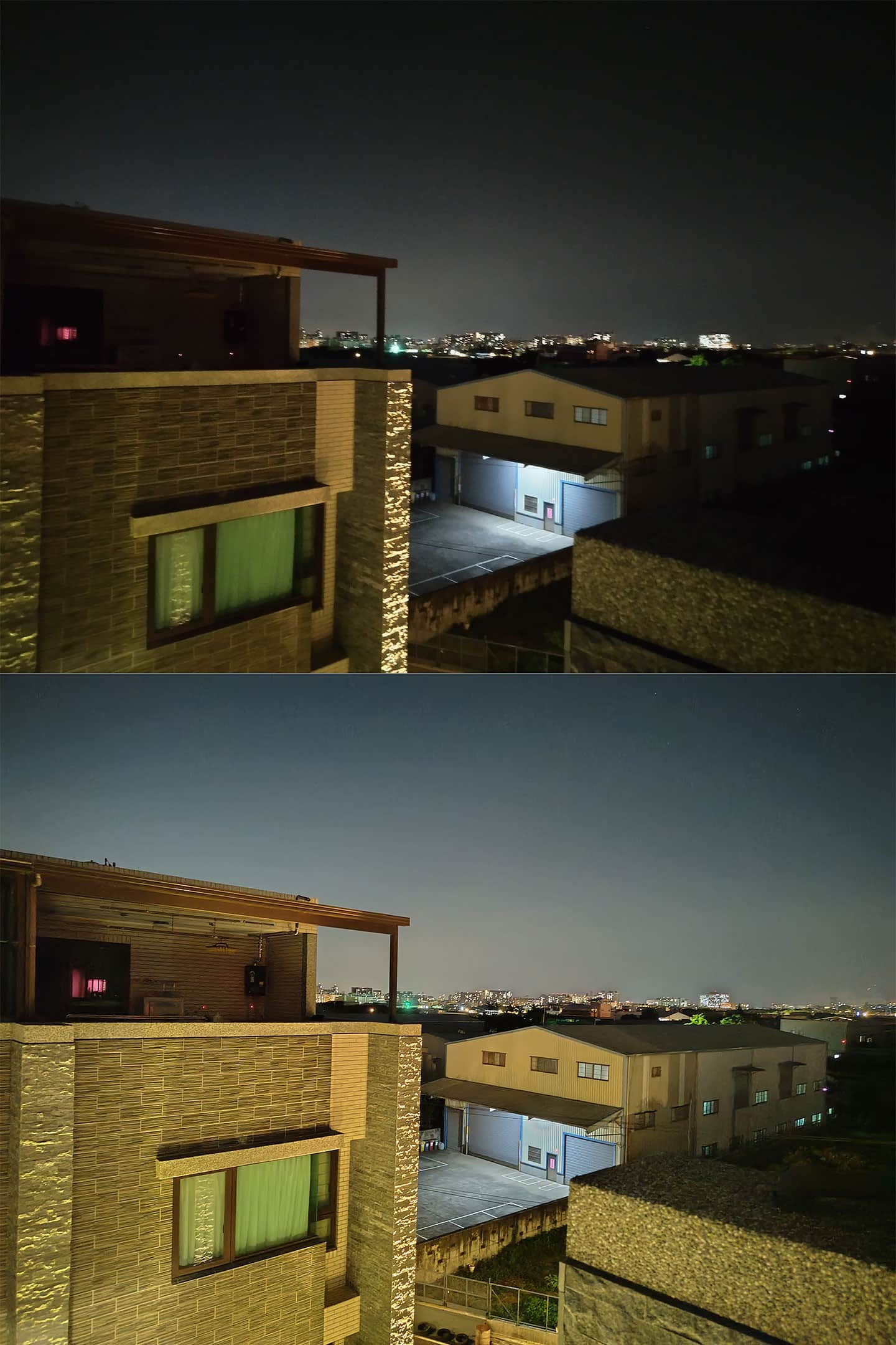 接下來嘗試在偏暗的夜間場景測試，圖上是以一般模式拍攝（未開AI場景辨），圖下是以夜間模式拍攝，兩相對比下可見極暗處亮度的提升與細節還原度都還不錯。