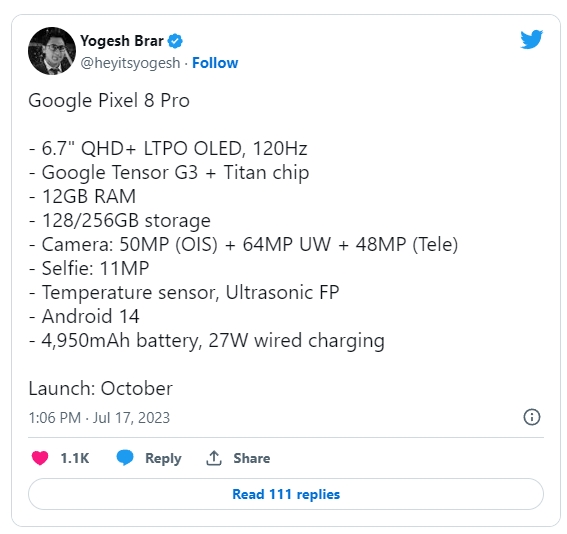 Google Pixel 8 Pro 重點規格流出，預計於10月發表