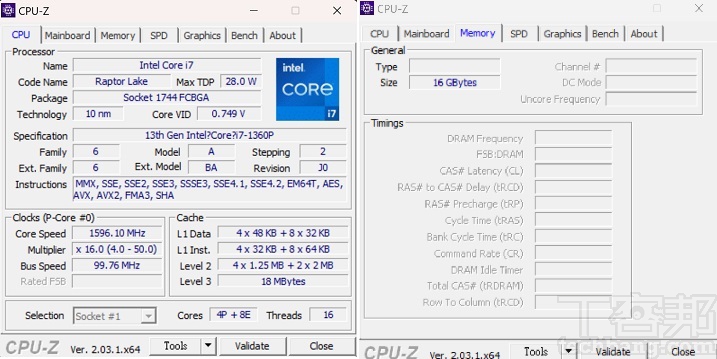 透過 CPU Z 檢視，Intel Core i7-1360P 為 10 奈米，TDP 28W，為 4 個效能核心（P-Core）加 8 個效率核心（E-Core）組合，記憶體為 16GB LPDDR5。