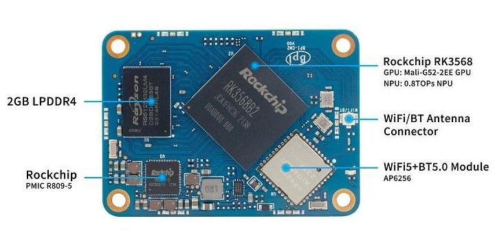 Banana Pi BPI-CM2載Rockchip RK3568 SoC與2GB LPDDR4/LPDDR4x記憶體，機身面還有無線通訊模組。