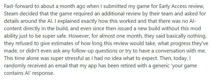 獨立遊戲讓玩家自行決定是否要開啟ChatGPT選項來替換NPC對話，結果被Steam下架