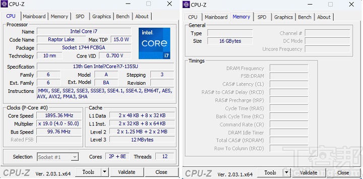 透過 CPU Z 檢視，Intel Core i7-1355U 為 10 奈米，TDP 15W，為 2 個效能核心（P-Core）加 8 個效率核心（E-Core）組合，記憶體為 16GB LPDDR5X。