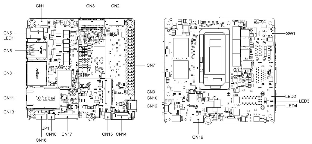 UP Squared i12 Edge主機板功能說明圖，其CN3即為M.2 2280插槽，CN14為SATA端。