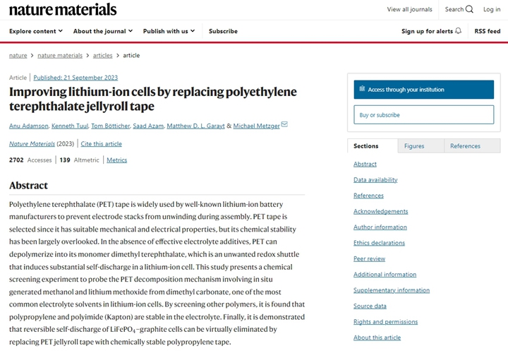 論文連結：Improving lithium-ion cells by replacing polyethylene terephthalate jellyroll tape