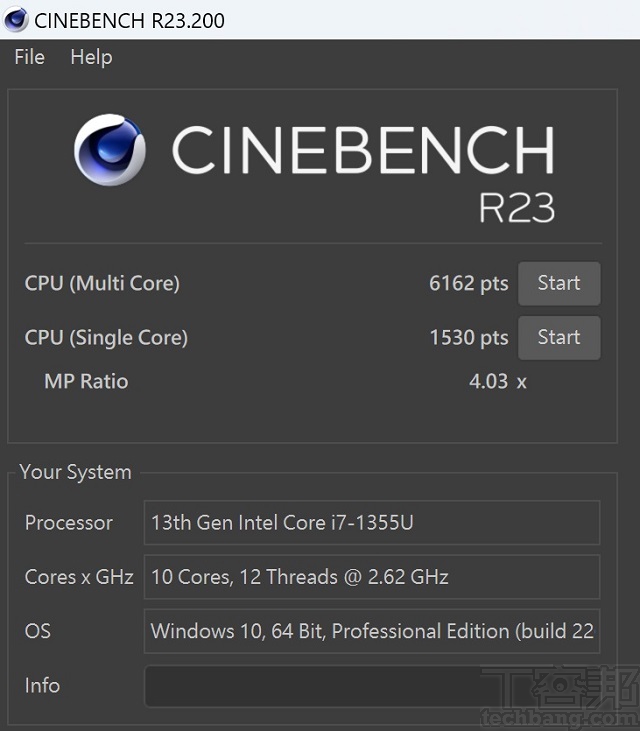 於 CINEBENCH R20 測試，CPU 多核心為 6,162 pts，單核心為 1,530pts，多、單核心的效能差距倍數為 4.03x。