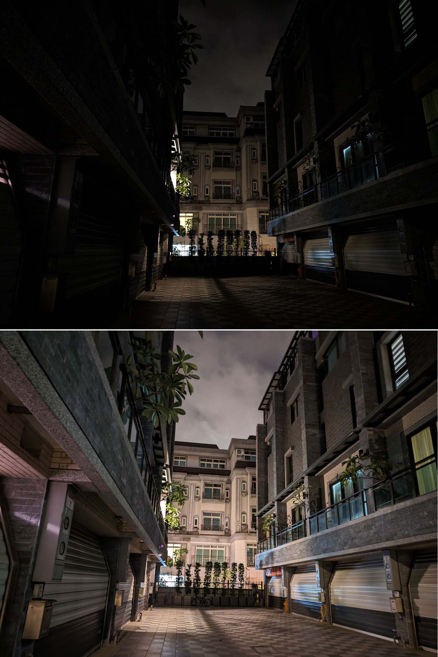 社區夜間只有後方有燈源的情況下，在關閉夜視（上）與開啟夜視（下）的拍攝效果，可以發現兩張照片有極大的差異，原本暗部看不清楚的細節都能完整還原。