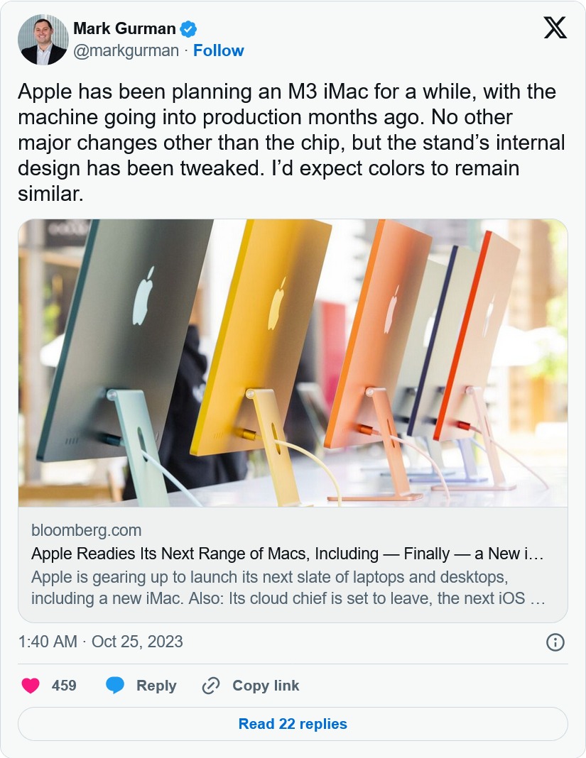 蘋果10月發表會預計發佈下一代iMac，所用晶片、支架和顏色細節