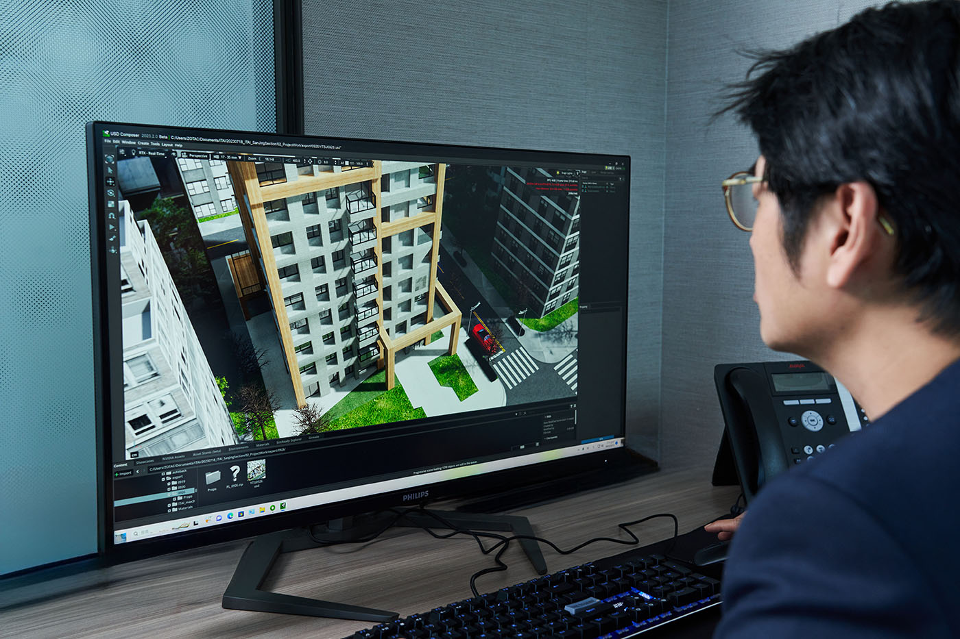 透過 NVIDIA Studio GeForce RTX 40系列認創作者主機強大的效能，能讓建築物計在數位建構階段時，就能有極為擬真的成果展示，更能讓計師細部檢視計是否符合預想。