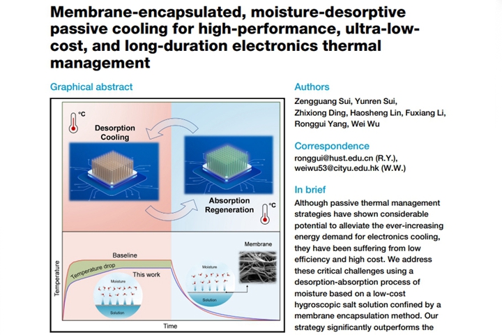 論文連結：Membrane-encapsulated, moisture-desorptive passive cooling for high-performance, ultra-lowcost, and long-duration electronics thermal management