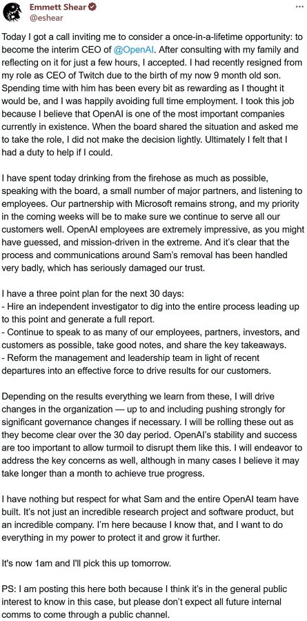 史上最尷尬的OpenAI新CEO公佈30天新政：調查Altman被罷免事件