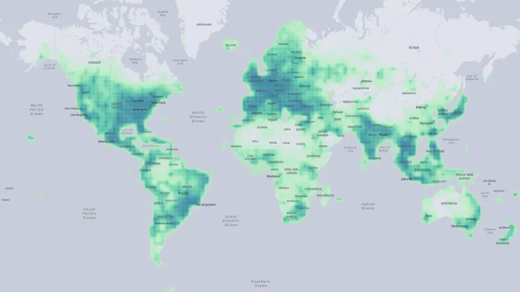這張地圖顯示了 Overture 收集的 5900 萬個點的集位置。 