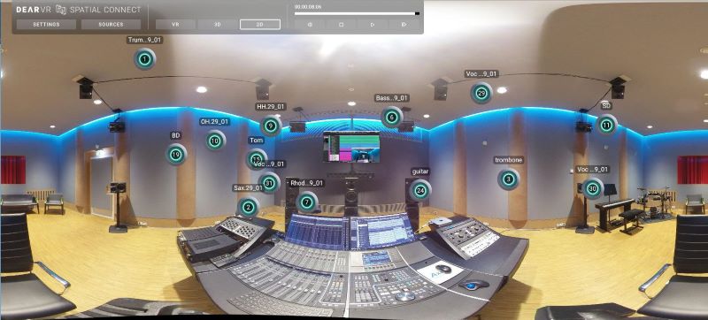 dearVR SPATIAL CONNECT通過在VR環境能夠模擬音頻佈局，提供空間音頻會話的全面視圖