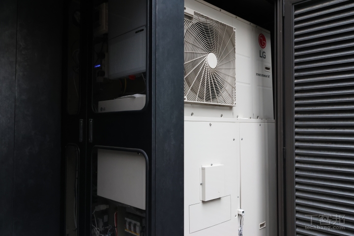 LG 智慧小屋後方配備 LG 節能 Therma V R290 Monobloc 空氣源熱泵來供暖，可提供高達攝氏 75 度的出水溫度，在低至攝氏零下 15 度的溫度下也可以運作。