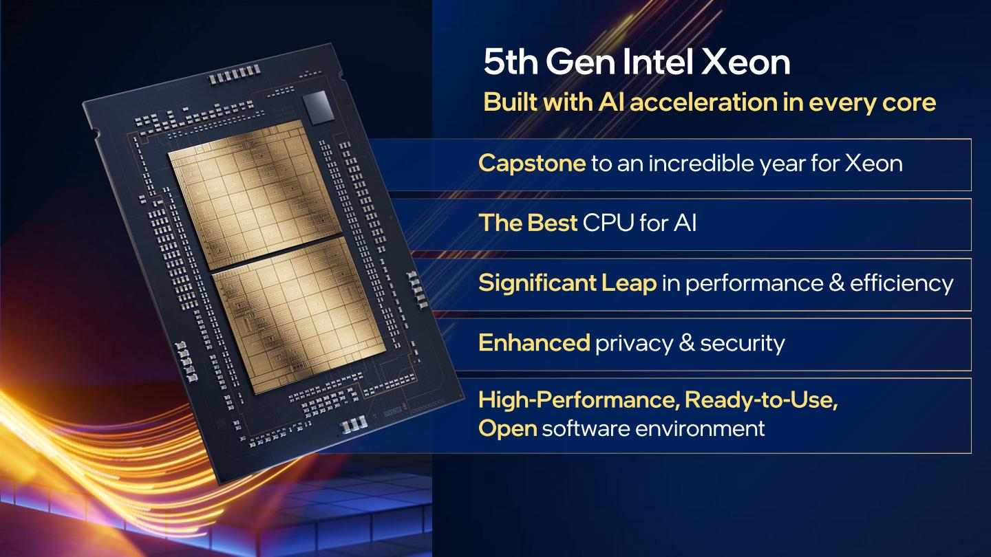 第5代Xeon可擴充處理器最大的特色在於強化於處理器進行AI運算的效能，適合進行小量體的AI推論運算。
