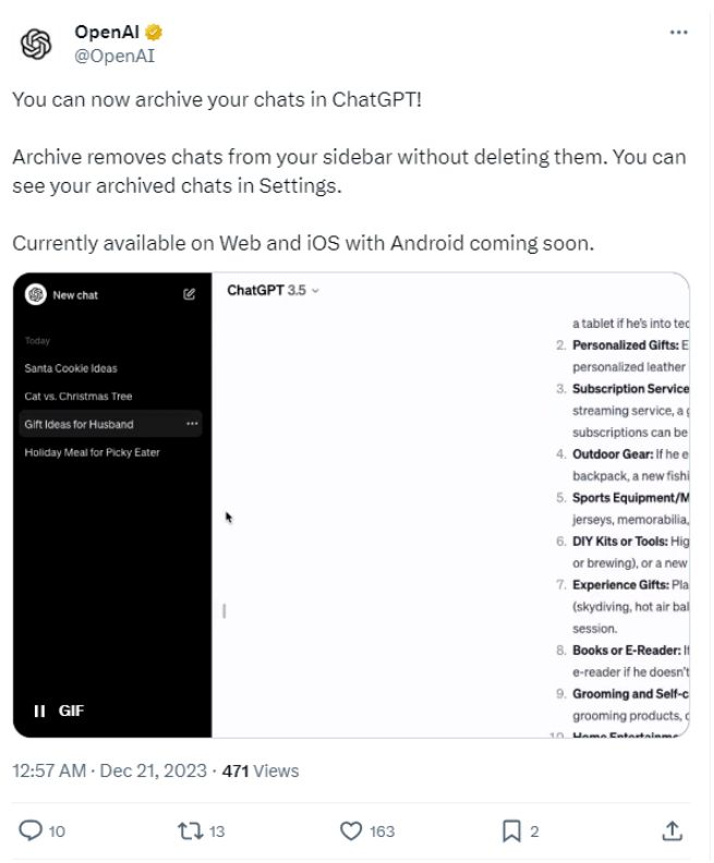 OpenAI宣佈推出Chatgpt的聊天內容檔功能，iOS與網頁版已經可以用、Android要再