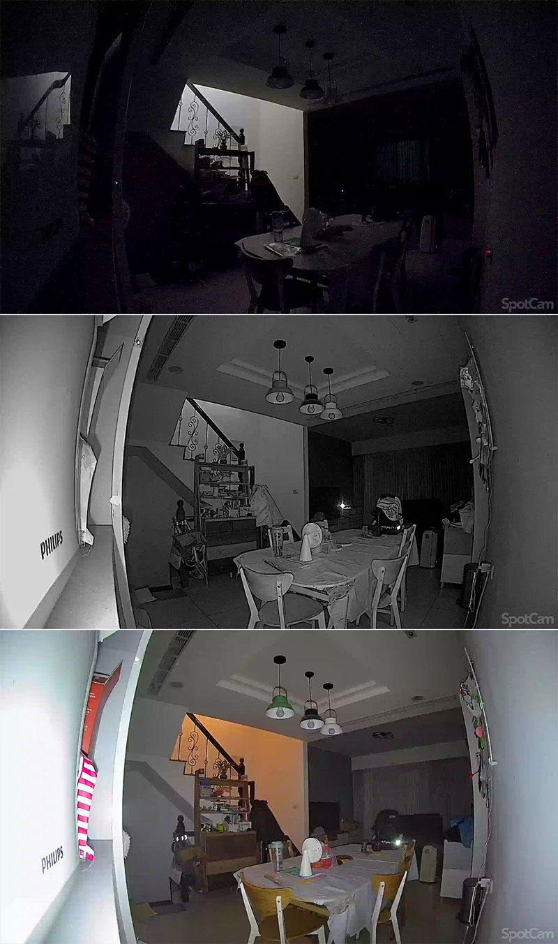 上圖為室內場景下，關閉夜間模式（圖上）、開啟紅外線攝影的夜間模式（圖）和開啟聚光燈的全彩模式（圖下）的畫面比較。