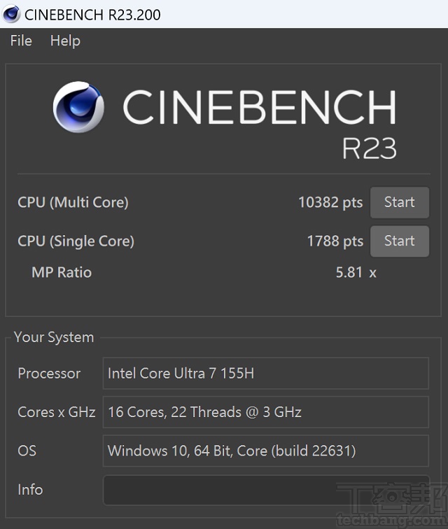 於 CINEBENCH R23 測試，CPU 多核心為 10,382 pts，單核心為 1,788pts，多、單核心的效能差距倍數為 5.81x。