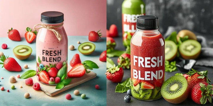 範例三 prompt：A professional product photo of a colorful smoothie bottle with strawberries and kiwi, captioned "FRESH BLEND"