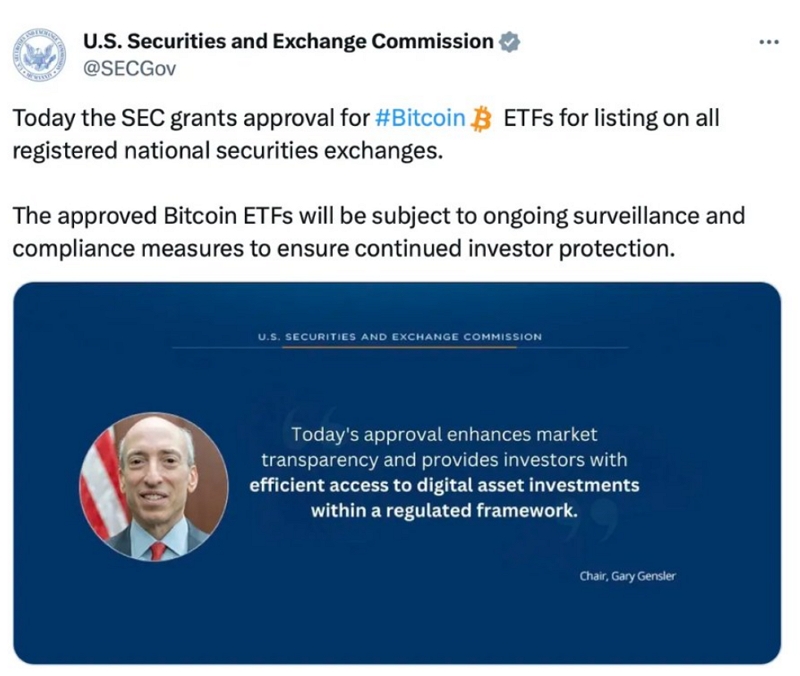 美國券交易委員會SEC帳號被盜並宣佈「比特幣ETF獲批」，比特幣身價一度烏龍暴漲超過47800元