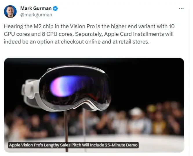 Apple Vision Pro 販賣版本將載 10 核 GPU 版 M2 晶片而非 8 核型號