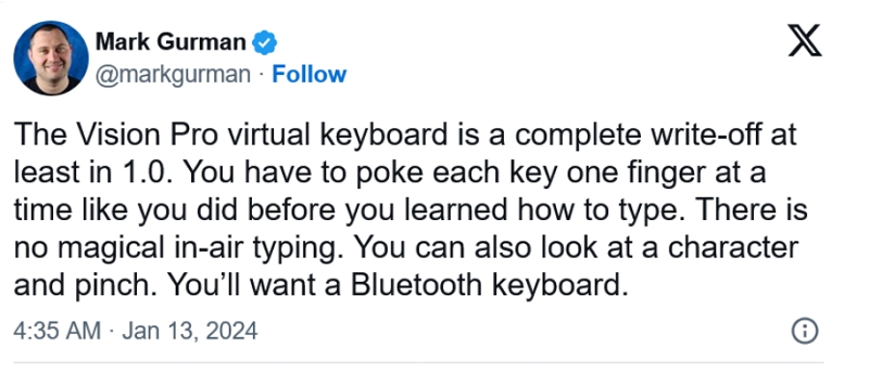 蘋果Vision Pro虛擬鍵盤的空氣打體驗被抨擊透了，還是拿出你的藍牙鍵盤比較實際
