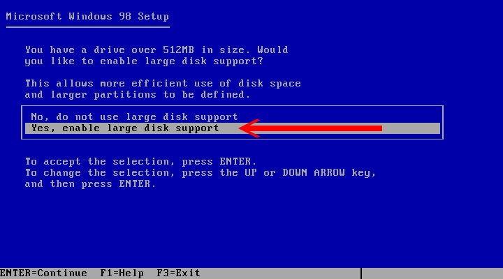 若使用大於512MB的硬碟，請選擇「Yes, enable large disk support」。
