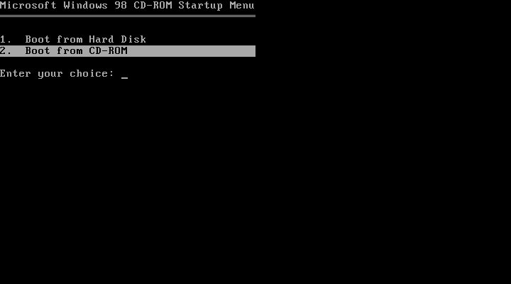 接下來重新開機後，還是需要選擇「Boot from CD-ROM」以及「Start Windows 98 setup from CD-ROM」。（若操作確，之後不再需要從光碟開機，但請勿卸載光碟映像檔）