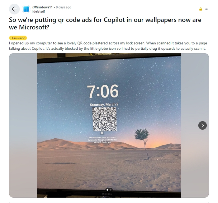 微軟暫停Windows 11鎖定螢幕上的Copilot QR Code廣告，解釋「只是測試」