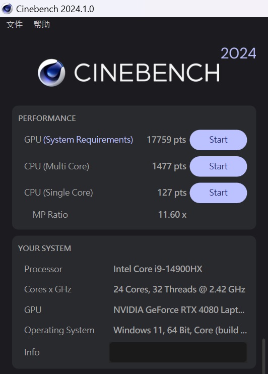 於 CINEBENCH 2024 測試，GPU 為 17,759 pts，CPU 多核心為 1,477 pts，單核心為 127pts，多、單核心的效能差距倍數為 11.60x。