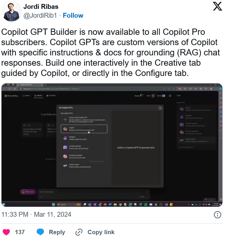 微軟為Copilot Pro用戶推出Copilot GPT Builder，生成的GPT免費版也能用