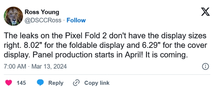 Google Pixel Fold 2 的螢幕尺寸資訊曝光，最快可能5月推出