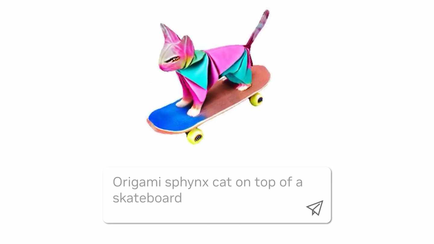 舉例來說可以生成站在滑板上的折紙貓咪。