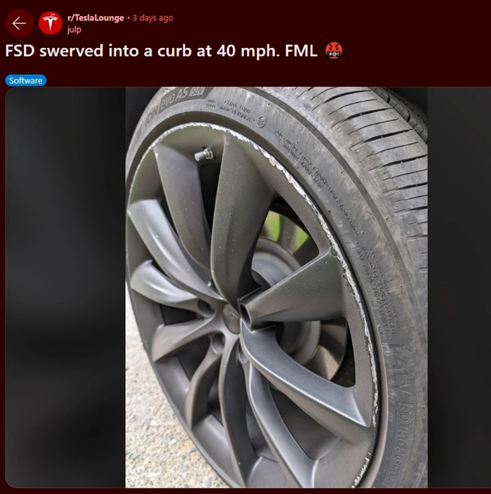 多名車主回報特斯拉 FSD 導致輪框頻頻擦撞路緣石，導致輪轂和輪胎損壞