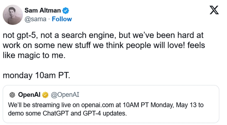 OpenAI確認發佈會將帶來ChatGPT和GPT-4的升級，阿特曼否認會推出尋引擎