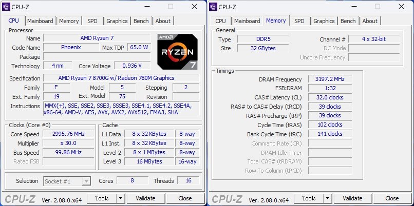從CPU-Z可以看到使用的處理器為Ryzen 7 8700G，記憶體為雙通道DDR5-6400。