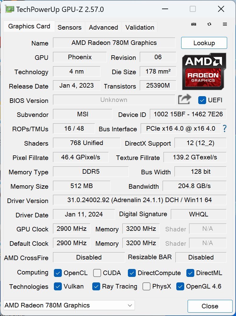 從GPU-Z查看顯示卡為Radeon 780M內建顯示晶片。
