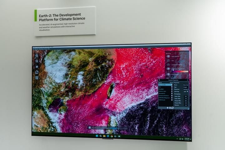 NVIDIA Earth-2 可導入多個氣候 AI 模型同時做運算，透過 GPU 加速渲染，令其解析度從 20 公里提升到 2 公里。