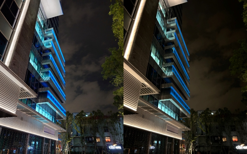 夜拍時，Xperia 1 VI（左）的亮暗對比一樣比 iPhone 14（右）更明顯，顏色呈現也更加明亮飽滿。