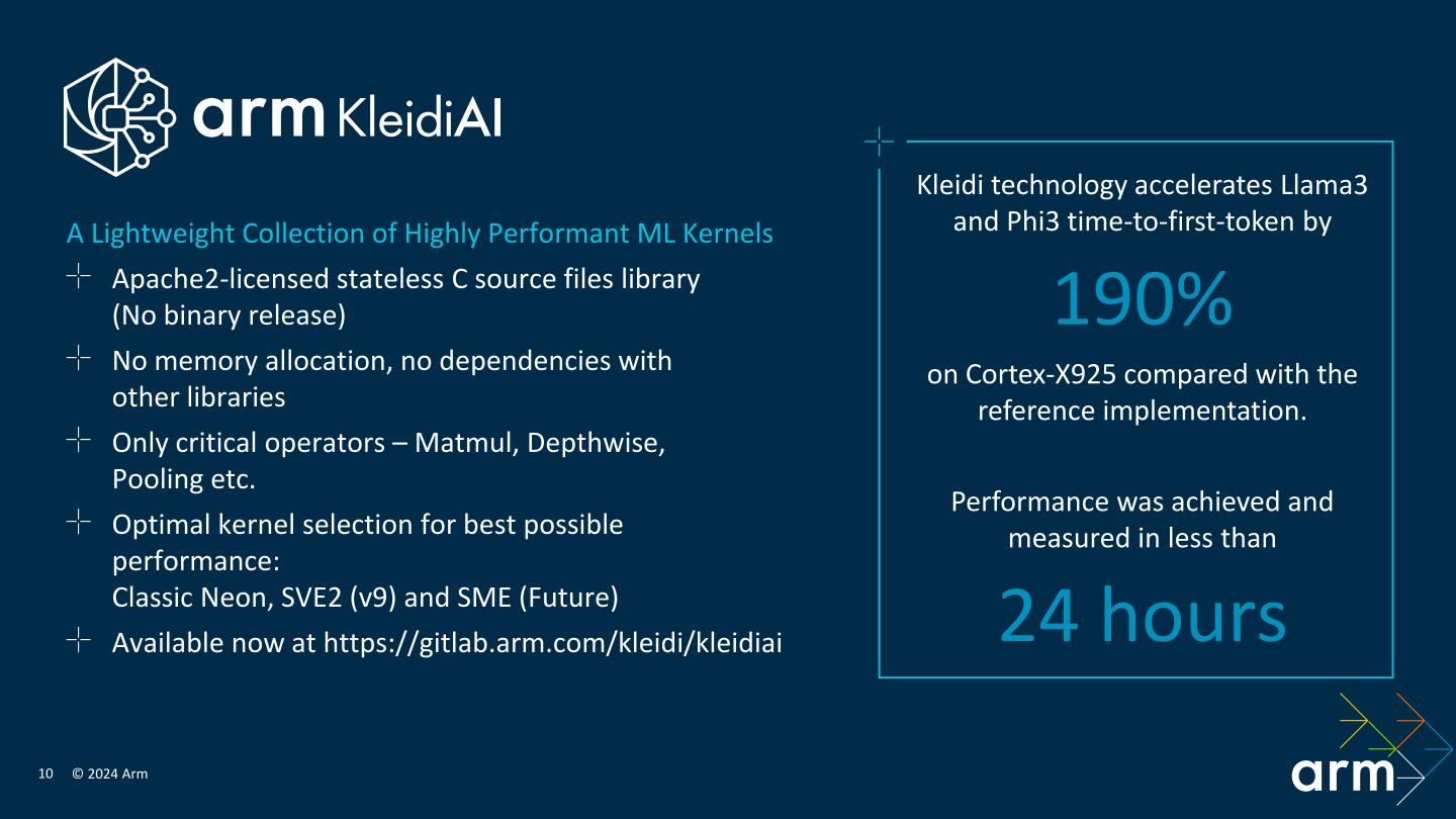 KleidiAI相當易於使用，Arm表示能在24小時之內就可以完成效能最佳化與測試工作，並能在Cortex-X925處理器上獲得190%的效能增益。