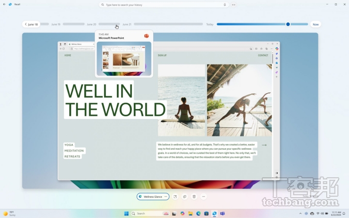 Windows Recall 回顧功能，可讓用戶透過拖曳時間軸的方式，回溯自己曾經開過的應用程式、網頁以及相關內容。