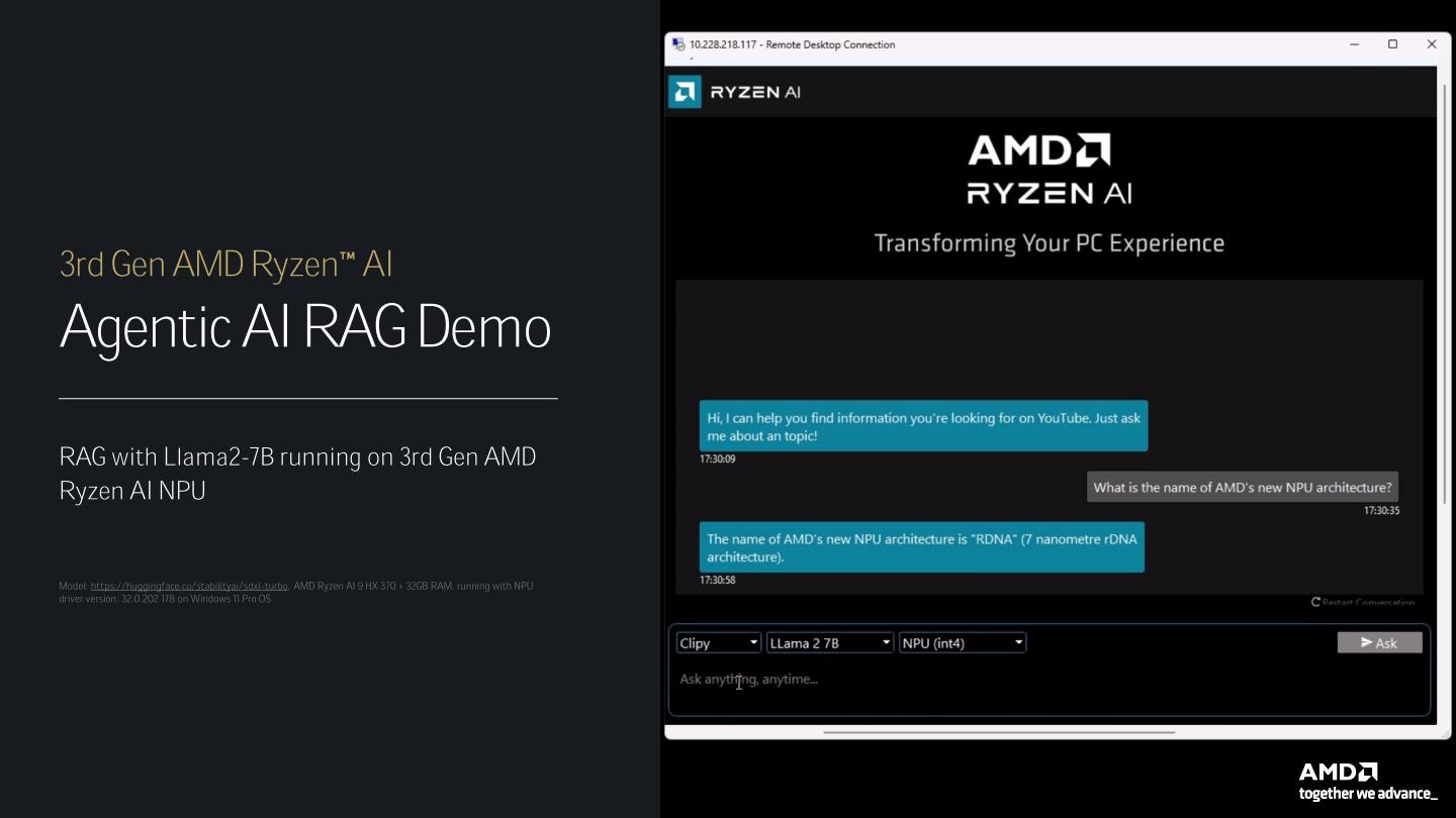 此外AMD也預計推出具有RAG功能（Retrieval Augmented Generation，檢索增強生成）的應用程式。與NVIDIA ChatRTX接近，提升大型語言模型的精準度。