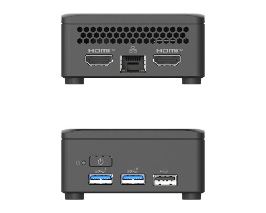其機身正面具有2組USB 3.2 Gen 2與1組USB 2.0等端子，背面則有2組HDMI 2.0b與1組GbE RJ-45乙太網路端子。