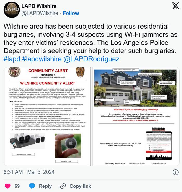 洛杉磯竊賊配備Wi-Fi干擾器破壞家庭監視系統，當地警方呼籲當地住戶：使用傳統有線警報系統